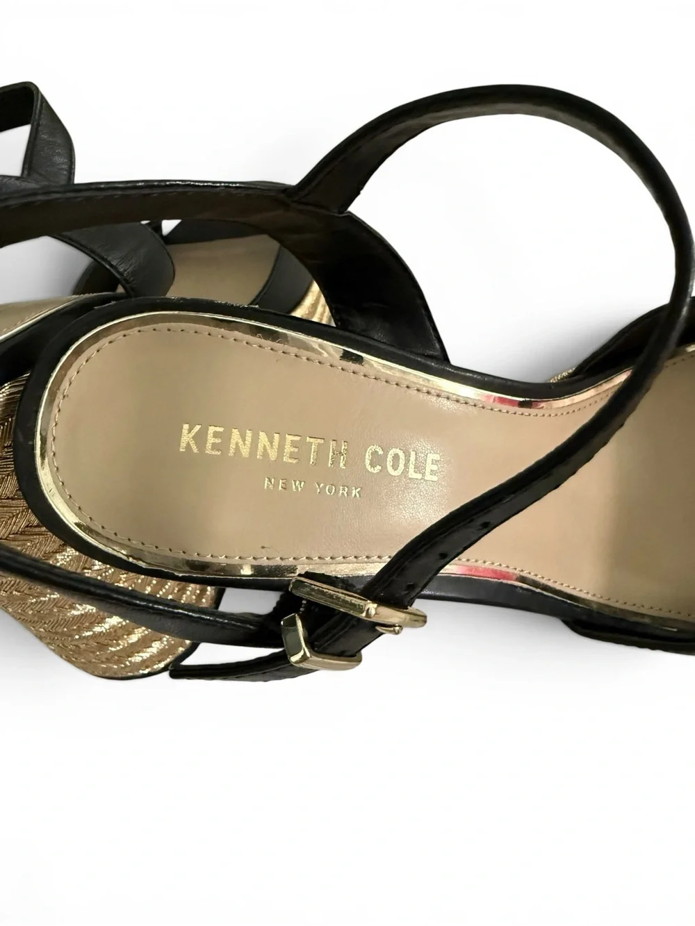 Kenneth Cole Leather Dolly Platform Sandals Metallic Gold Raffia Block heel